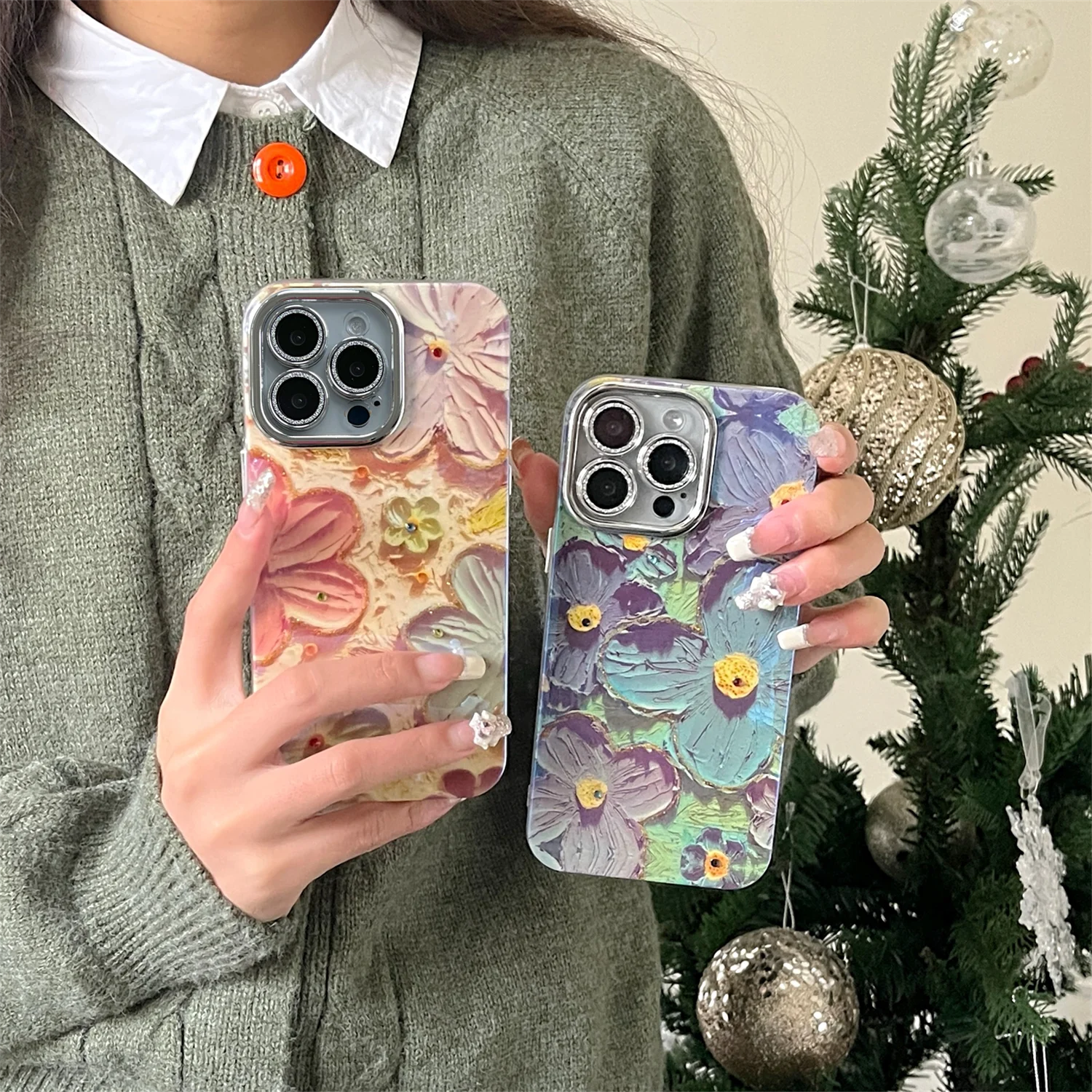 

For iphone 15promax Cover Floral Case With Glitter Glass Flim Lens Protection for 14 13 12 11 Blue Light IMD Shockproof Bumper