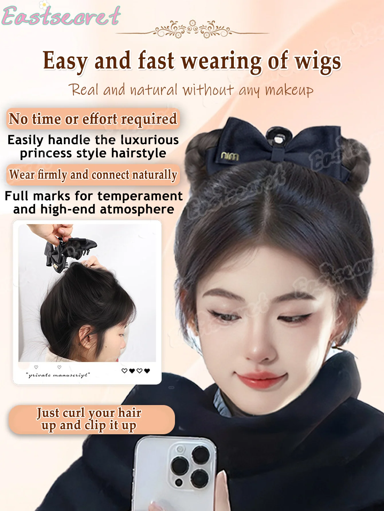 EAST 여성용 데일리 헤어 번에 적합한 블랙 리본 클립이 있는 합성 번 가발, 푹신한 헤어 액세서리