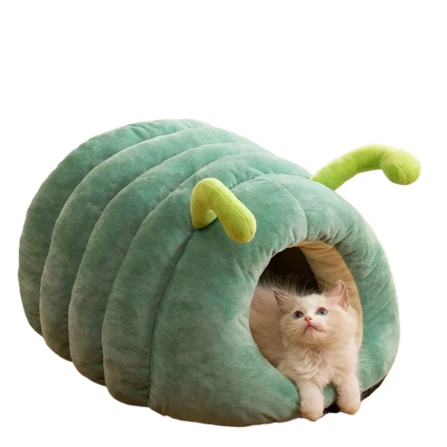 Cute Pet Nest Warm Soft Plush Cat Bed Cartoon Caterpillar Warm Thick Dog House Cat House Foldable Washable Pet Supplies Cat Tent 6