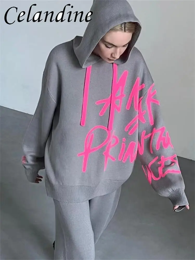 

Celandine 2023 Knitted Letter Print Hooded Sweater Women Y2K Loose Autumn Winter Warm Casual Pullovers Tops Streetwear