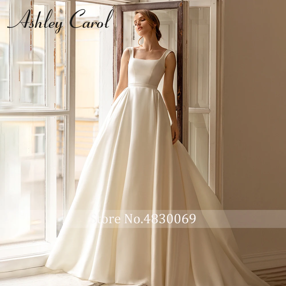 Ashley Carol Satin Wedding Dresses For Woman 2024 Square Collar With Long Sleeve Jacket A-Line Bridal Gown Vestidos De Novia 6