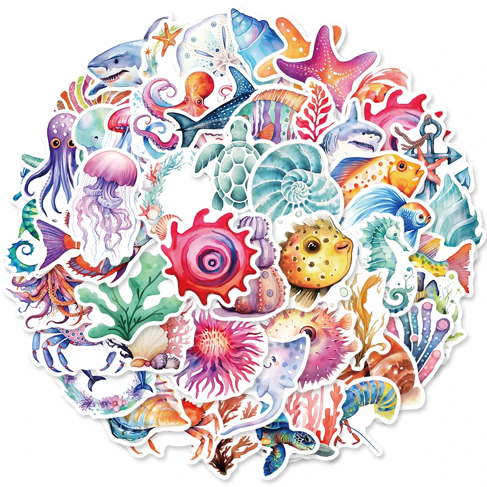

10/50 cartoon cute watercolor marine life stickers, laptop waterproof labels, suitcases, guitars wholesale