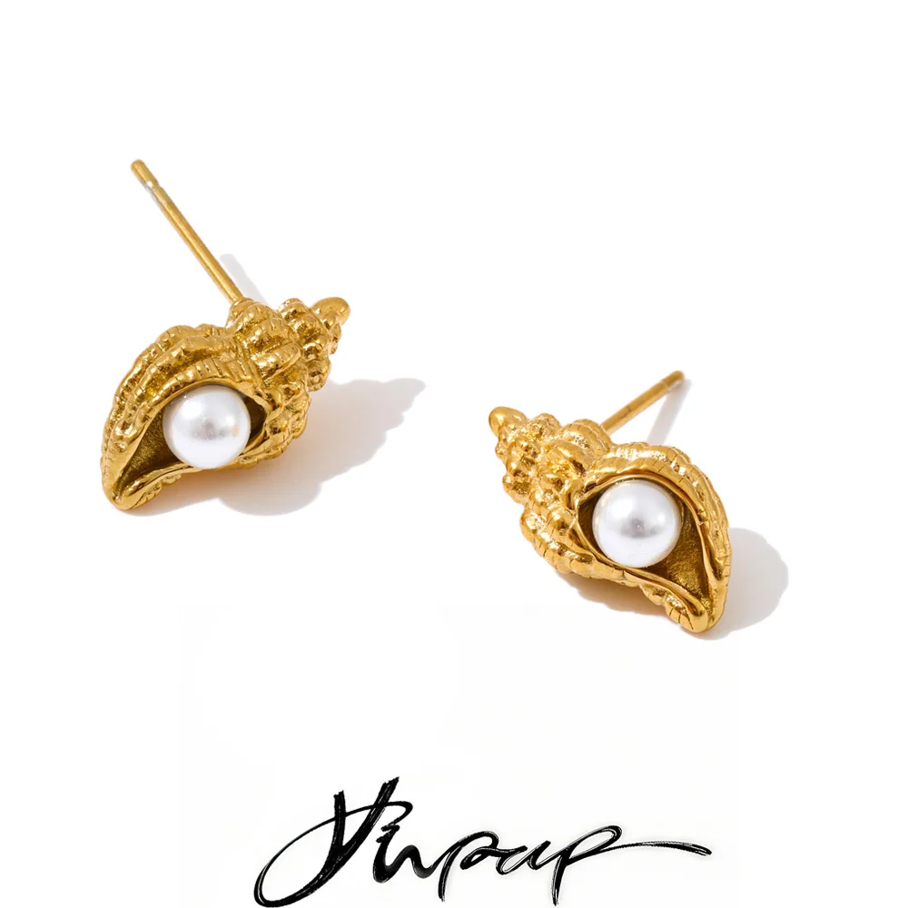 Yhpup Stud Earrings Stainless Steel Pearls Women