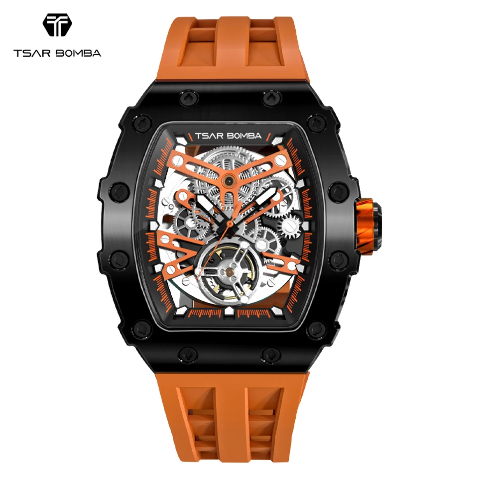 TSAR BOMBA Orologio Automatico Uomo 50m Impermeabile, Quadrante Scheletrato, Cassa In Acciaio 316L, Vetro Zaffiro, Cinturino In Gomma