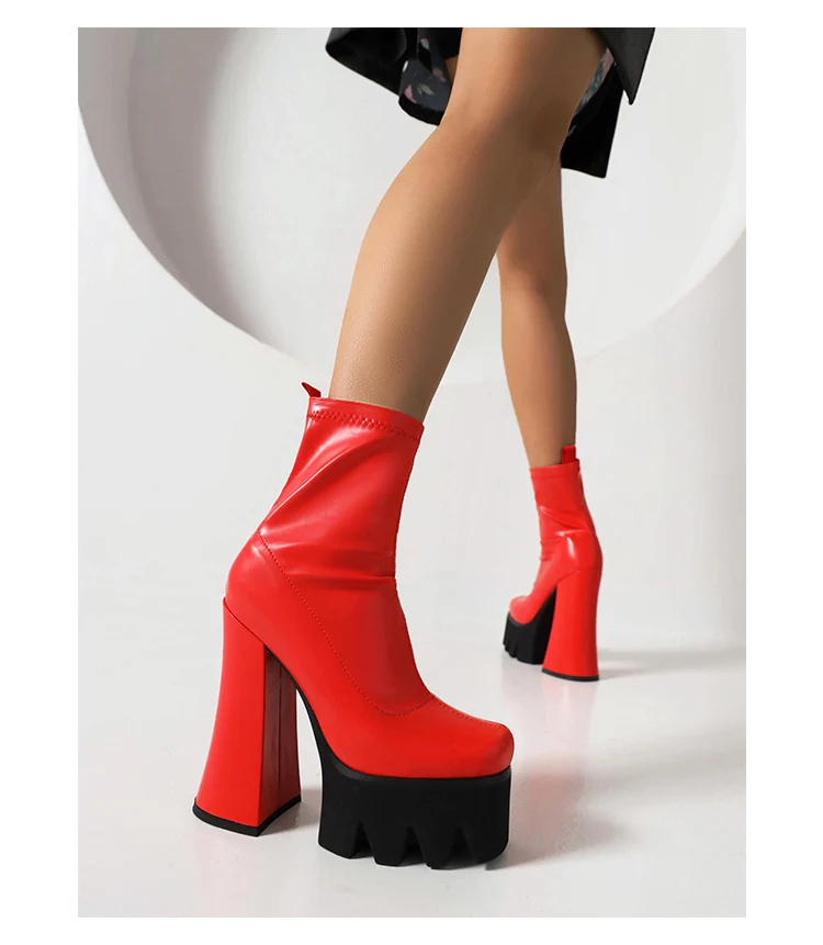 High Platform Hollow Heel Fashion Short Boots Elastic PU Super High Thick Heel Plush Inner Lining Nightclub Trend Women's Boots
