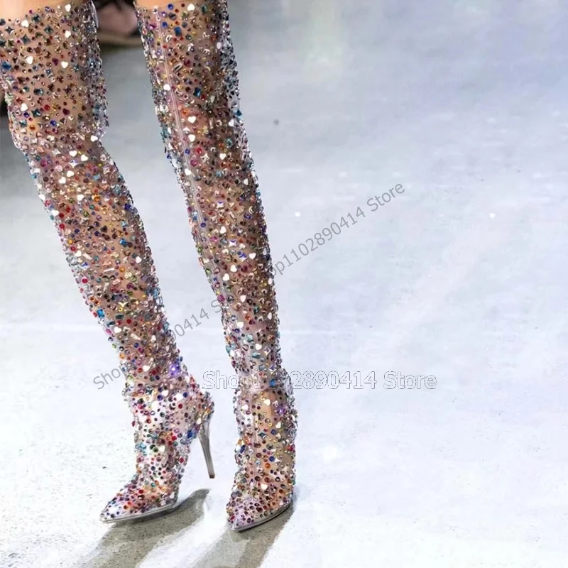 

Colorful Crystals Decor Clear Pointed Toe Boots Thigh High Women Shoes Stilettos High Heels Fashionable 2023 Zapatos Para Mujere