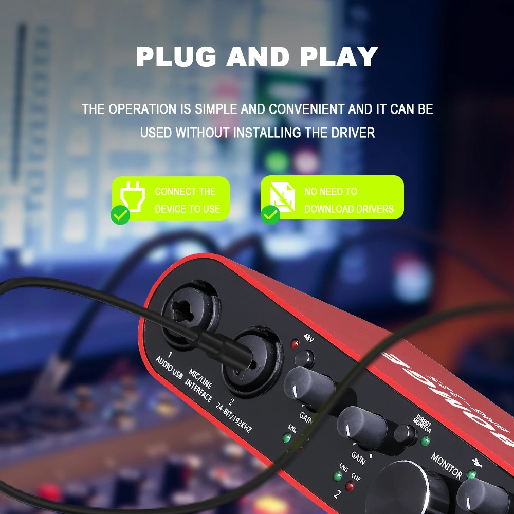 32Bit/192kHz 1 2channel USB Audio Interface With XLR 48V Phantom Power For Audio Mixer Interface Studio Recording Guitarist PC
