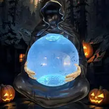 Halloween Grim Reaper Statue with Flying Bats Crystal Ball 15CM Gothic Figurine with Light-Up Sphere Fantasy Decor Floating Bat