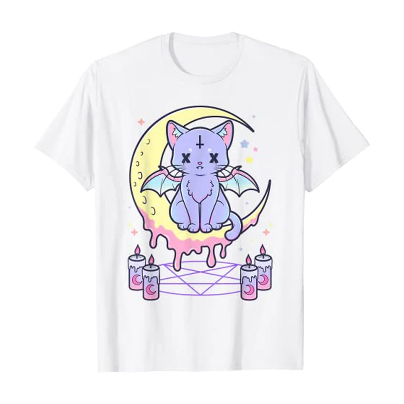 Фото Kawaii Pastel Goth Милая жуткая черная футболка с котом женские летние строительные Топы креативный узор Персонализированная уличная футболка Y2k №2