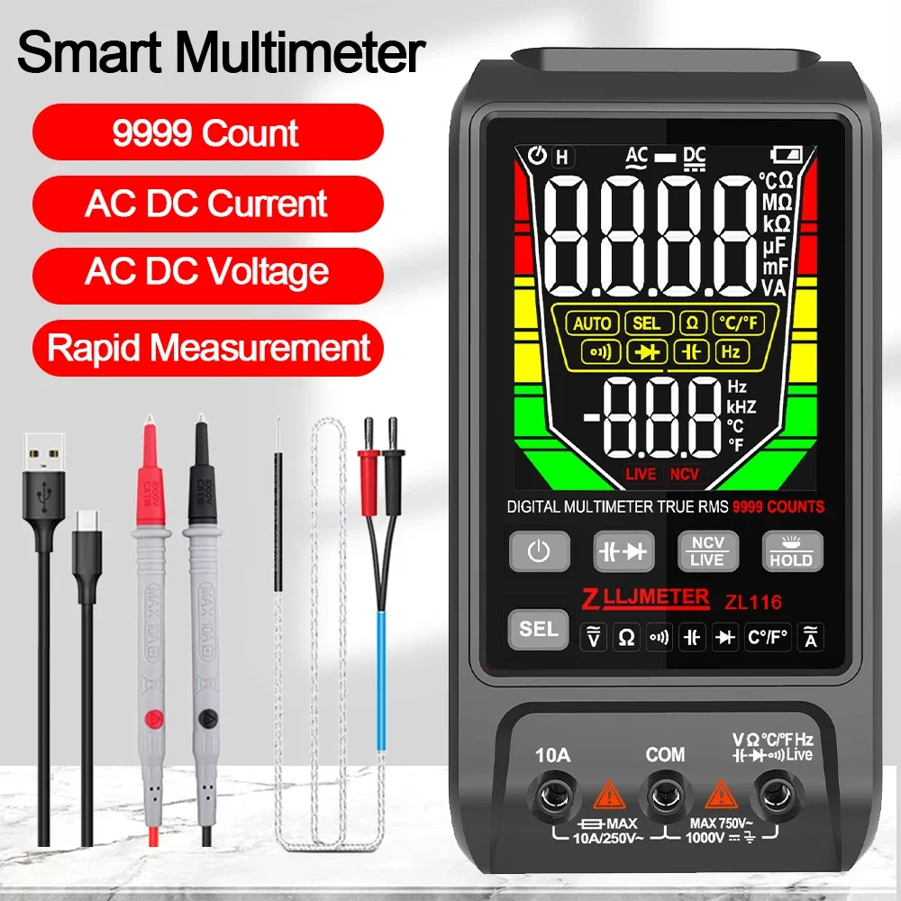 

USB Charging Smart Digital Multimeter 9999 Counts Large Screen AC DC Current Voltage Multimetro Capacitance OHm Hz Temp Tester