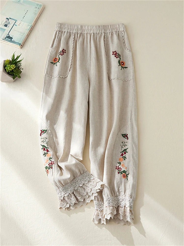 Women's Cotton Linen Pants Female Elastic Waist Floral Embroidery