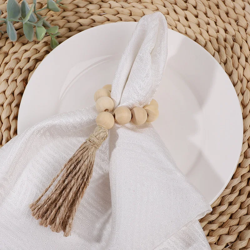 1/12Pcs Wooden Beads Napkin Rings with Tassels Rustic Wedding Table Napkin Holder Buckles Christmas Party Boho Home Decoration