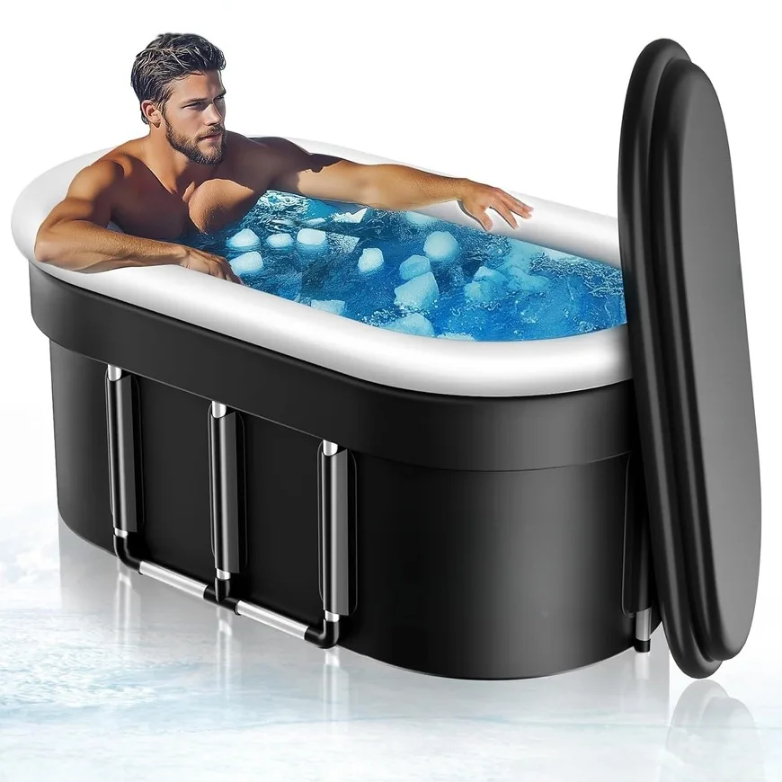 175 Gallon Oval Ice Bath & Cold Plunge Tub - Inflatable With Air Cushion Ring, Foldable, Multi-Layer Insulation, Includes Lid & Drain (55" X 26" X 27")