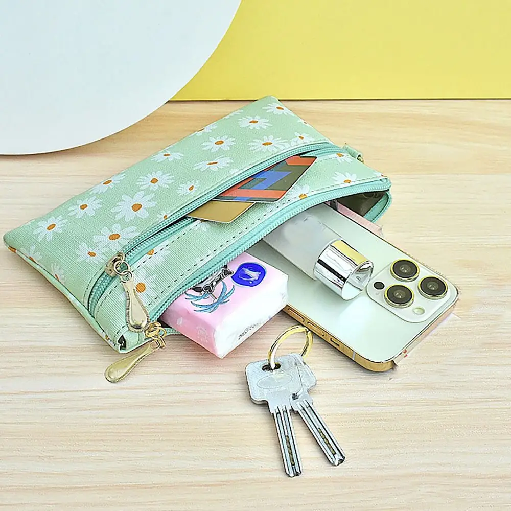 Daisy Printed PU Leather Money Coin Purse Wear-resistant Credit Card Holoder Zipper with Wrist Strap Summer Wallet Money Bag