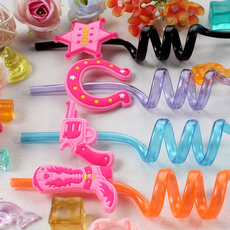 12-Piece Reusable Spiral Straws, Pink Western Cowboy Style – Vibrant Drinkware Set
