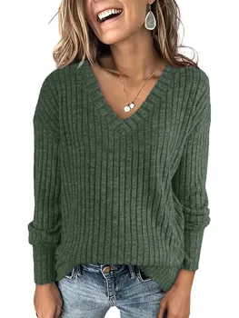 T-shirt da donna a maniche lunghe con scollo a V Top con temperamento alla moda fresato a righe 1