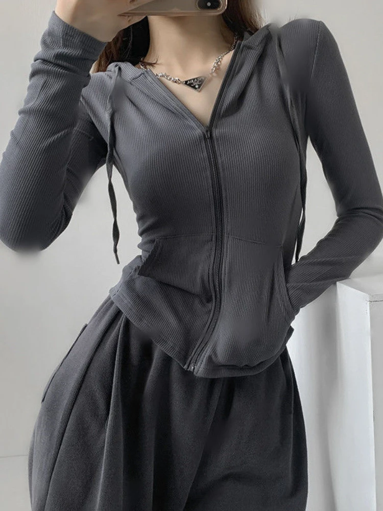 

Deeptown Gothic Streetwear Zip Up Oversized T Shirts Women Vintage Sexy Solid Hooded Cardigan Long Sleeve Cropped Tops Tracksuit
