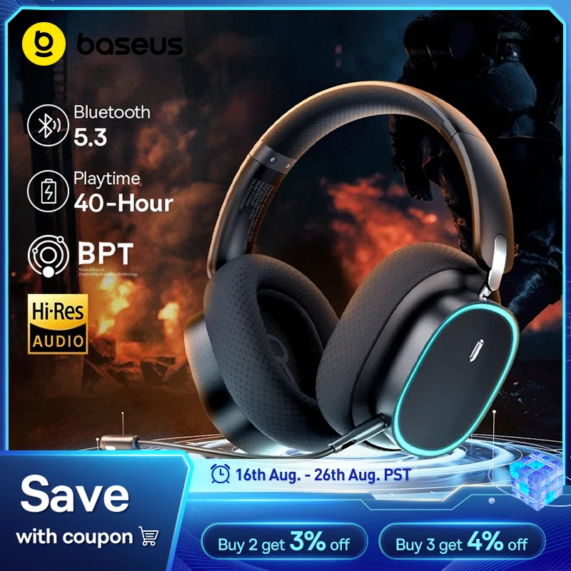 รูปสินค้า หูฟังเกมมิ่งไร้สาย Baseus GH02 พร้อมไมโครโฟน หูฟังครอบหู RGB บลูทูธ 5.3