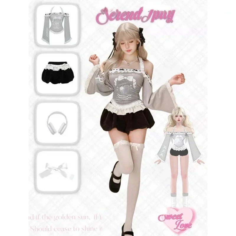 Y2k High Waist Lolita Short Skirt Suit France Vintage Slim Slash Neck Print 2 Piece Set Women Sweet Cute Off Shoulder Top Female 5