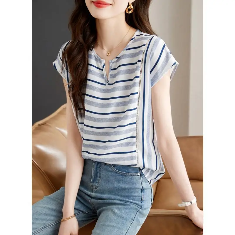 

Printing Short Sleeve Women's Clothing Office Lady Pullovers Summer Thin Fashion Loose Casual Simplicity Striped O-neck T-Shirts