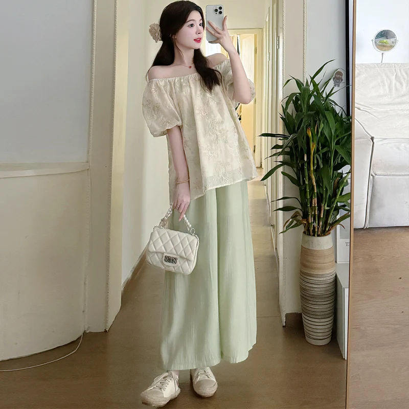 G74366# 2 Pcs Thin Short Sleeve Tops Women New In Matching Sets Summer Arrival Pants Suit