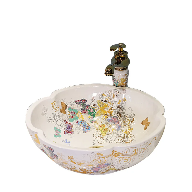

Above Counter Ceramic Vessel Sink For Bathroom Round Petal Shaped Flower & Bird Pattern Wash Basin Bowl Sinks With Faucet