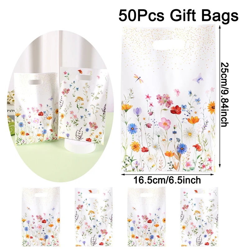 10/20/50 Stück Frühlings-Wildblumen-Geschenktüten aus Kunststoff, Handtasche mit Blumengras-Schmetterlings-Design für Hochzeit, Muttertag, Geburtstag – Detail 7