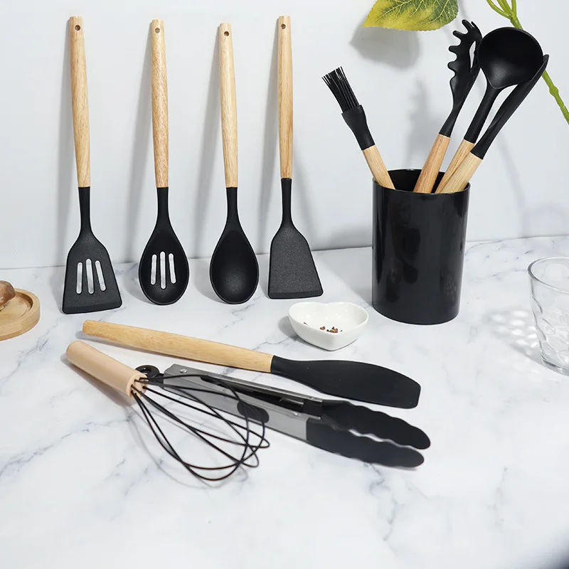Food-grage silicone spatula soup spoon set wooden handle non stick household kitchenware cooking tool