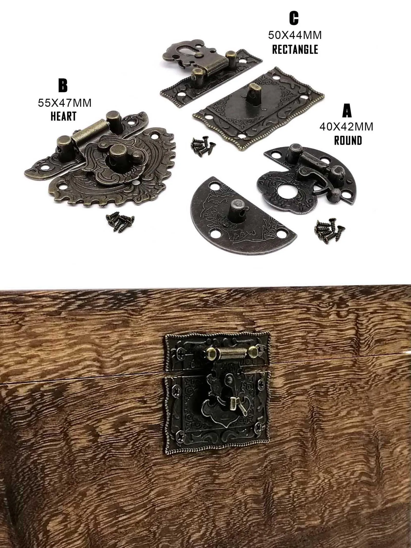 HZYUEGOU 2 Stück Retro Vintage Antik-Messing Dekorative Schmuckkiste Weinkiste Holzgeschenkbox Verriegelungsverschluss mit Schraube – Detail 3