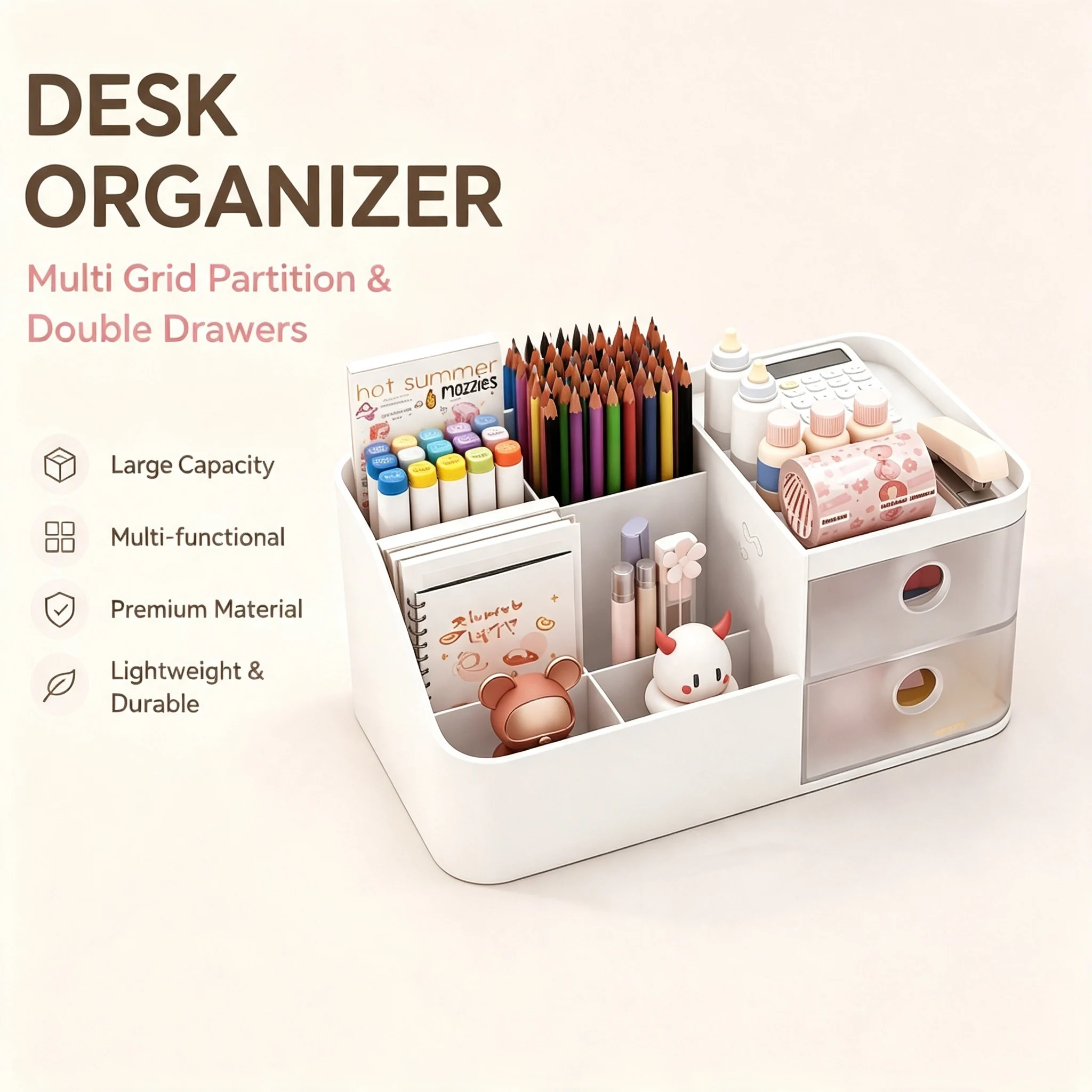 Large Multi-Compartment Desk Organizer with Drawers
