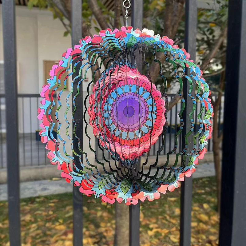 3D Colorful Wind Spinning Mandala Hanging Wind Spinner Mandala 30CM 3D Stainless Steel Laser Cut Metal Art Geometric Pattern