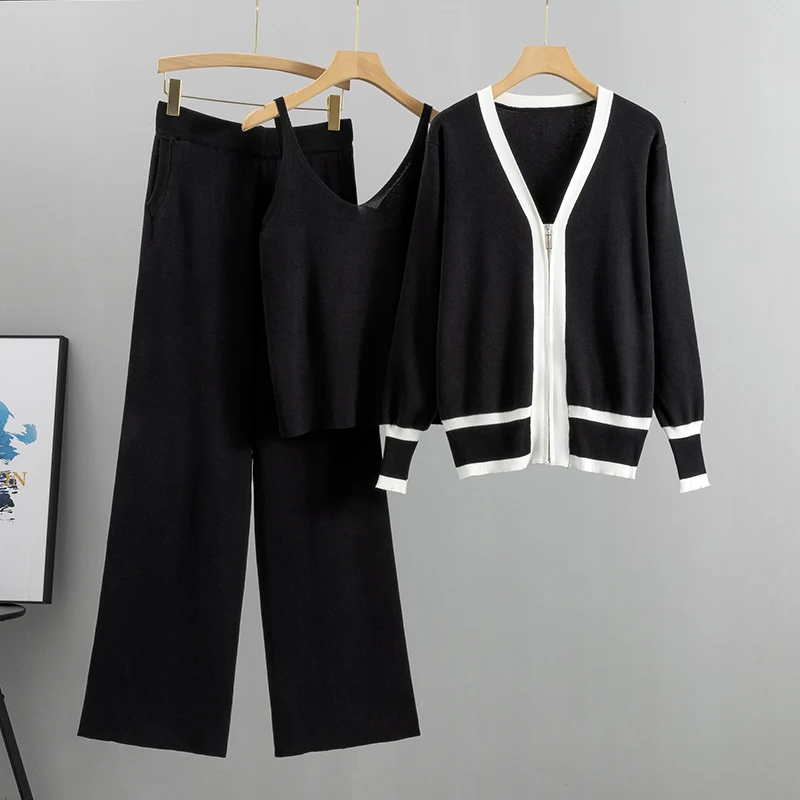 2023 New Fashion 3 Piece Set Women Sexy Vest + Long Sleeve Zipper Cardigan + Elastic Waist Pants Women's Tracksuit Knitted Suit