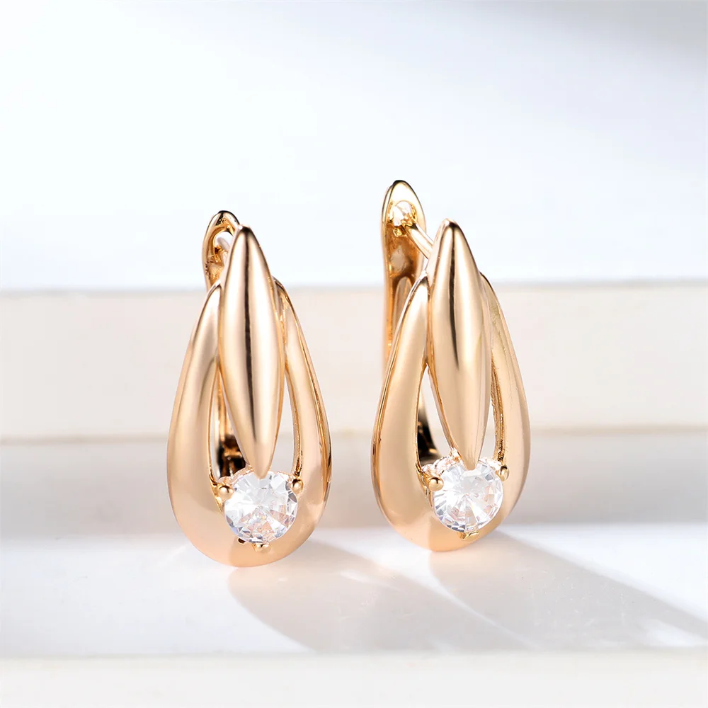 Charm Crystal Round Stone Water Drop Hoop Earrings For Women Vintage Gold Color Ear Buckle Wedding Jewelry Engagement Party Gift