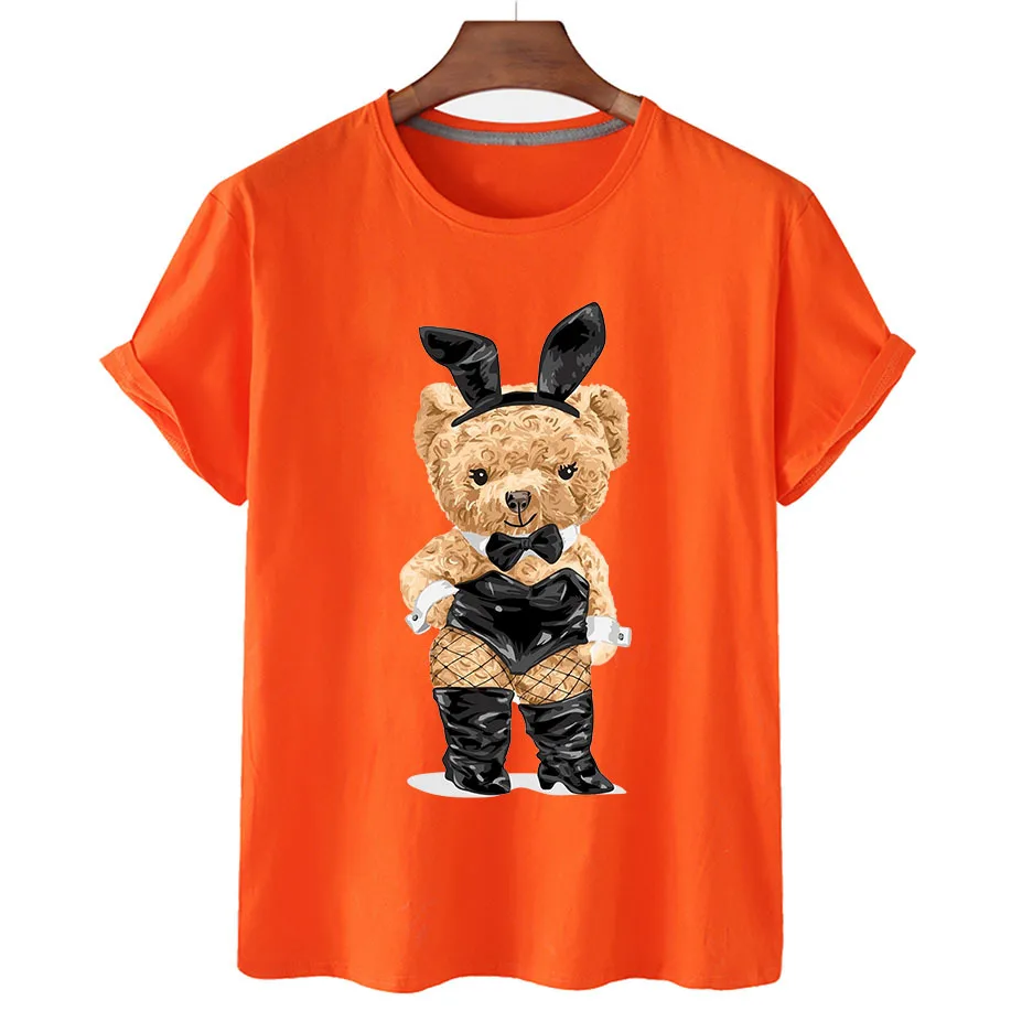 

100% Cotton Black Silk Bear T Shirt 2022 Summer T Shirt Women Short Sleeve O Neck T Shirt Unisex Plus Oversized Women T Shirt