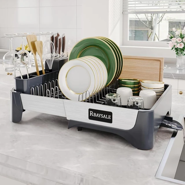 1pc Dish Drying Rack, Expandable Dish Racks For Kitchen Counter,  Multifunctional Extra Large Dish Strainers With Cutlery & Cup Holders,  Extendable Ant