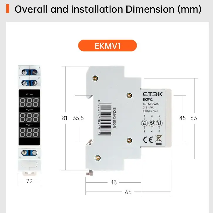 Modular Digital Voltmeter 18mm 3 phase AC80-500v Mini Voltage Meter Din Rail Voltagemeter Detector EKMV3-500R Module digital voltmeter