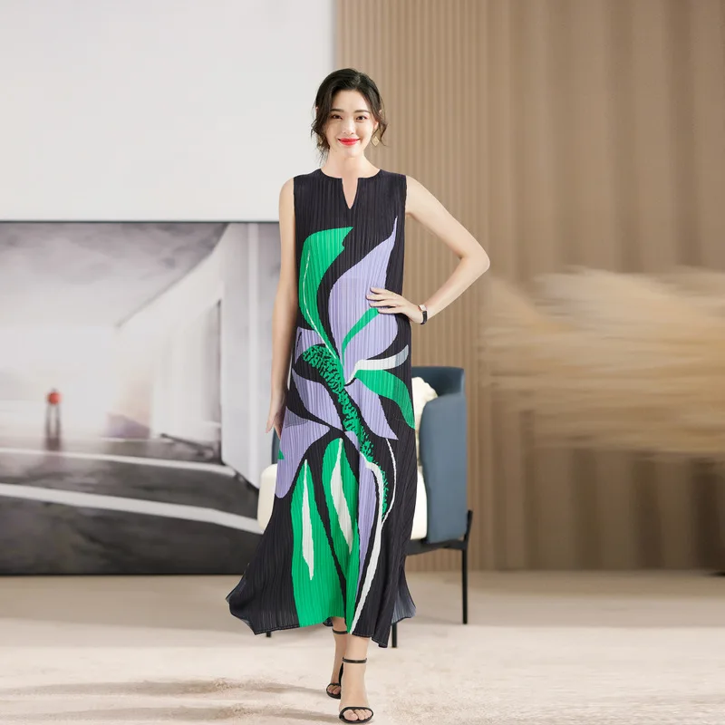 

MIYAKE-Женское летнее платье, модный принт, большой размер, тонкие платья-жилеты, плиссированные, элегантный халат, женщина