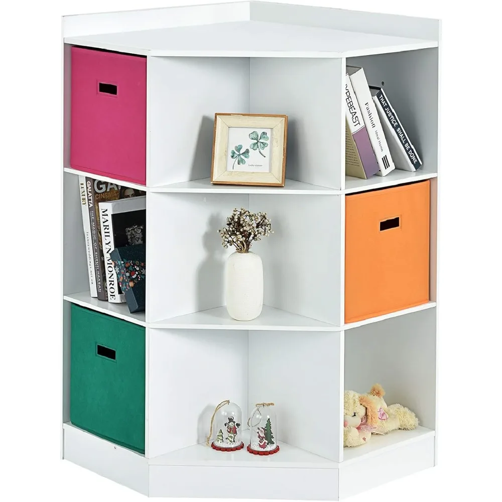 

Costzon 9-Cubby Kids Bookcase with Large Storage Drawers, Children's Corner Cabinet with 6 Cubes and 3 Shelves, Wooden Storage