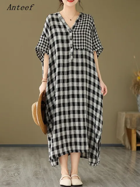 Stay Stylish and Comfortable with Anteef s Short Sleeve Oversized Cotton Linen Vintage Plaid Dress