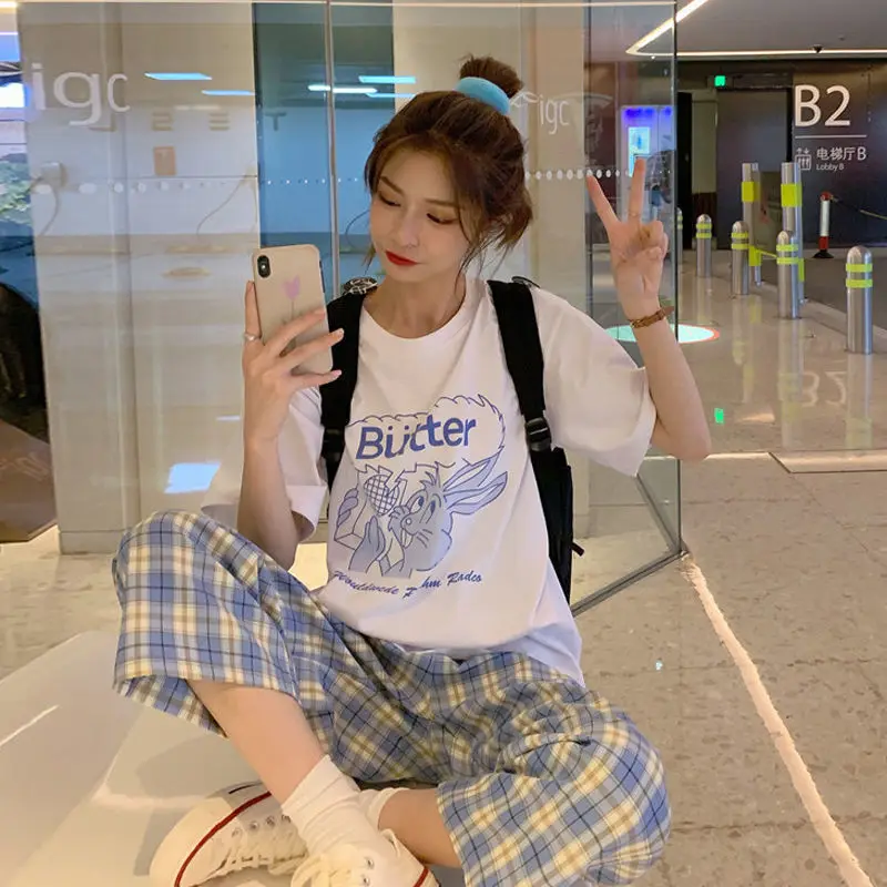 Spring New Plaid Sports Casual Straight Pants Women's Korean Version Loose Wide Leg Pants Trend 4