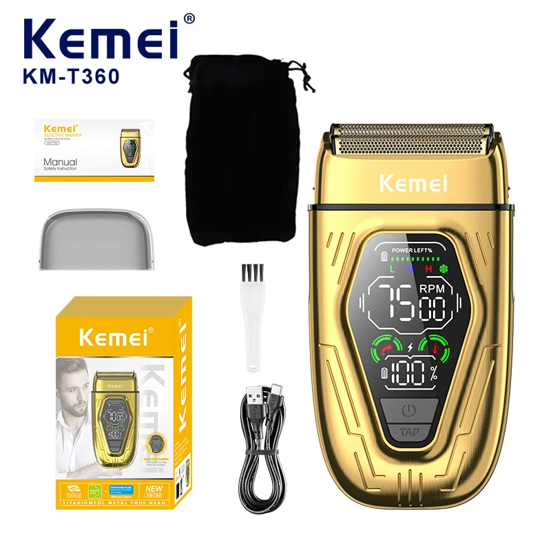 Kemei T360 New Electric Shaver with LED Display Screen Rechargeable Hair Beard Razor Bald Head Shaving for Men