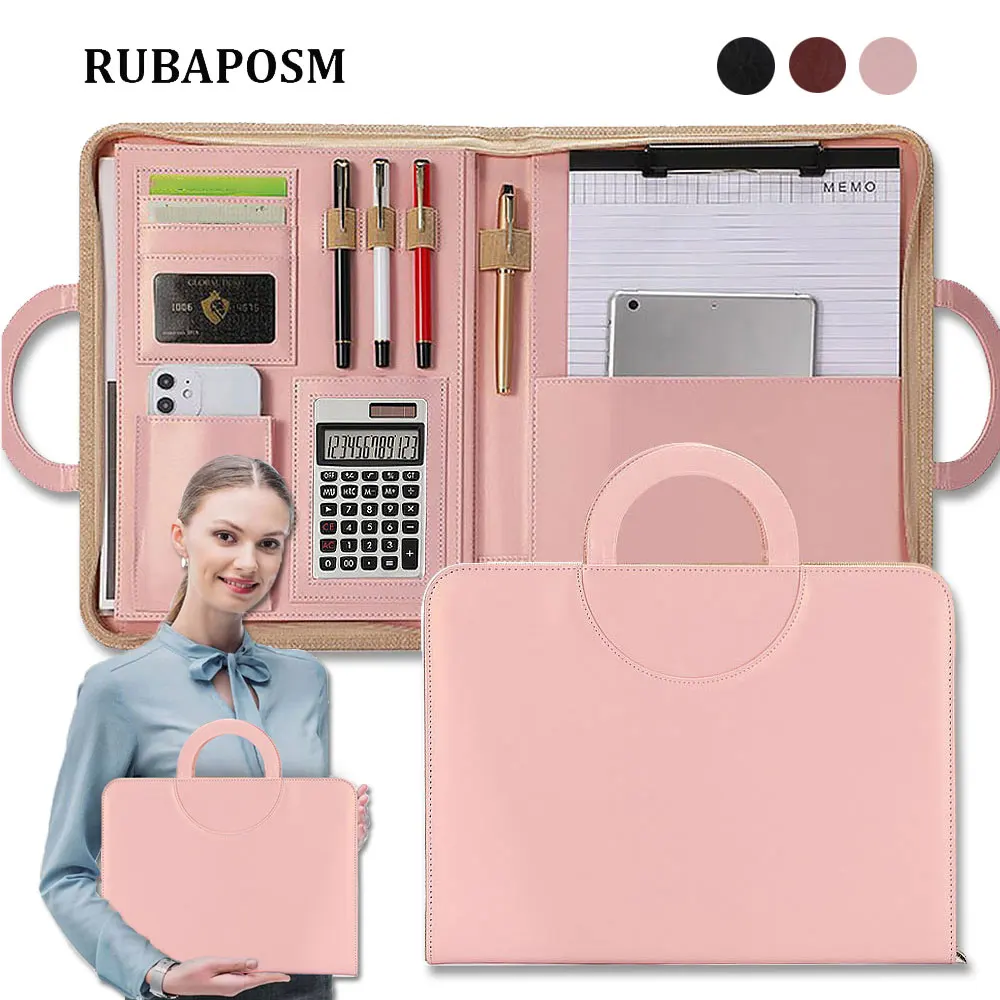 

A4 Portfolio Folder Padfolio Women Business Briefcase Folding Handle Leather Zipper Notebook Calculator File Documents Organizer