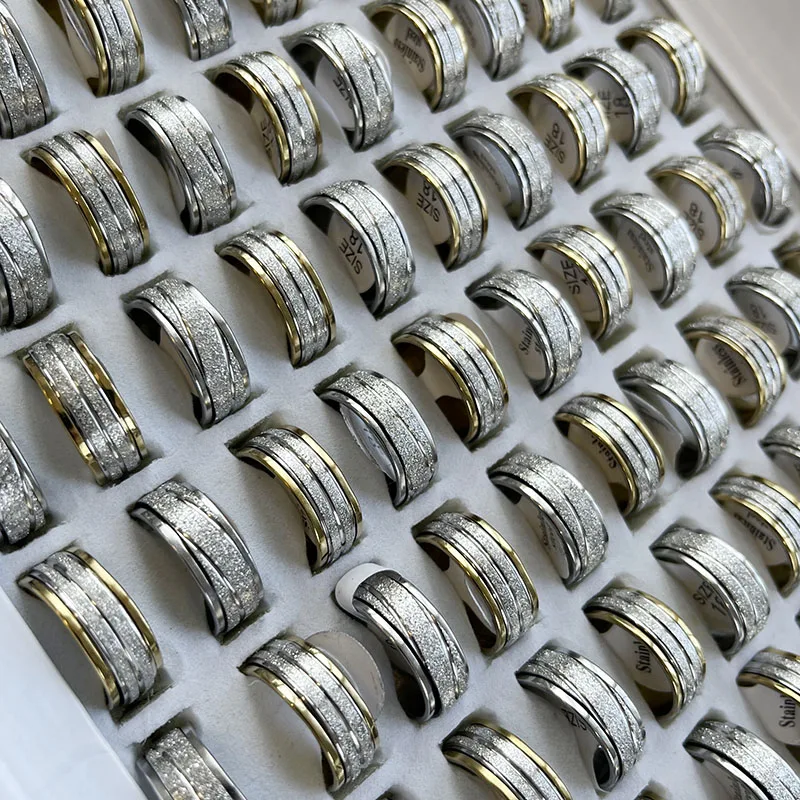 50Pcs Never Fade Rotatable Gold Silver Color Stainless Steel Rings For Women and Men Whole Jewelry Bulk Lots LR220