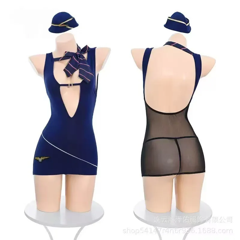 Teasing Air Stewardess Uniform Set Tempting See through Bustling Skirt Set Non Stripping Exciting Underwear for Women