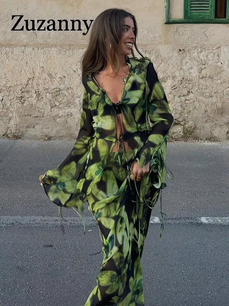 

Zuzanny 2023 Summer Mesh Print Dress Sets Beach Outfits Women Long Sleeve Shirt Tops and Slim Long Skirt 2 Pcs Set Party Suit