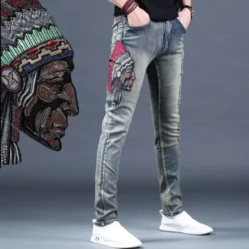 캐주얼 스키니 카우보이 바지 남성용, 프린트 탄성 청바지, 테이퍼 그래픽 워싱 오리지널 코튼 스트레치 데님 바지 S