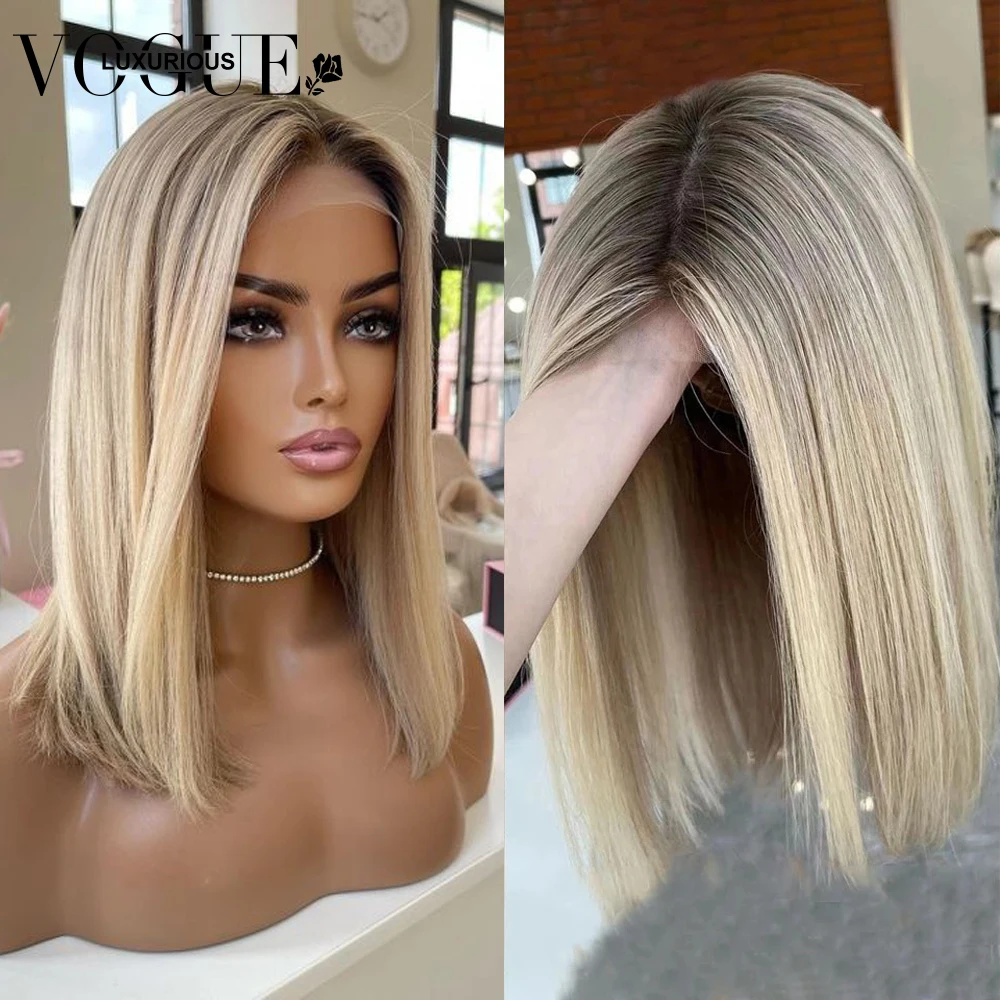 

Ombre Ash Blonde Glueless Human Hair Frontal Wig 13x4 Short Bob Pixie Cut Wig Transparent Lace Front Wigs Pre Plucked Brazilian