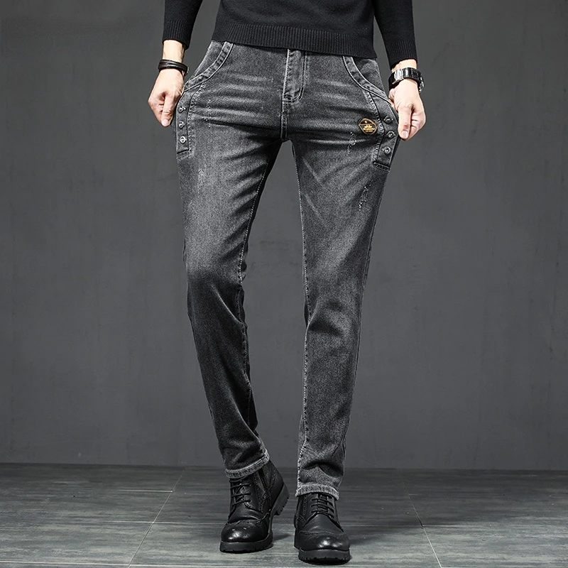 

2022 Winter Men's Jeans Cotton Business Casual Luxury Elegant Stretch Fashion Slim Fit Denim Trousers Male Pants