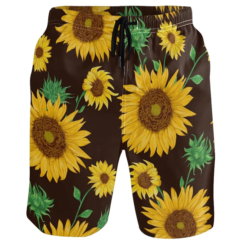 Sunflower Lemon Flamingo Beach Shorts For Men 3D Printed Hawaiian Swim Trunks Summer Vacation Board Shorts Kids Short Pants 3