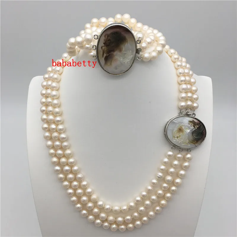 

New natural 3Rows 7-8mm White Akoya Pearl Cameo Beads Necklace 17-19INCH + Bracelet 7.5INCH